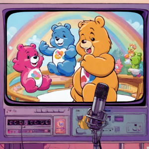 Illustration of a tv with colorful bears and a microphone in front