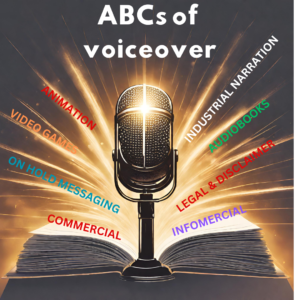 Illustration of a book with rays of light pouring out and a microphone standing in front