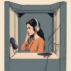 Illustration of a woman in a sound booth with a headset on