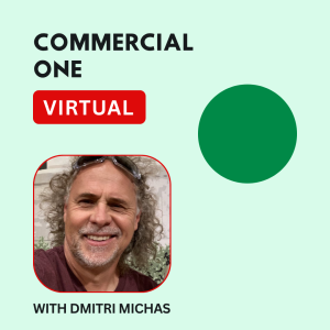 Mint green background with geometric circle. Black text "COMMERCIAL ONE" at top, red "VIRTUAL" badge below. Dmitri Michas headshot with red rounded border on left. "WITH DMITRI MICHAS" text at bottom