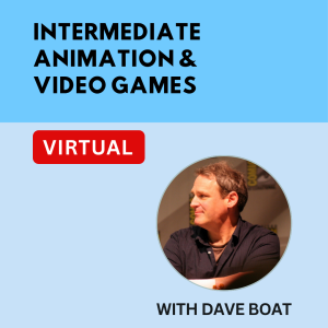 Bright blue split background design. Black text "INTERMEDIATE ANIMATION & VIDEO GAMES" at top. Red "VIRTUAL" badge on left. Dave Boat's photo in circular frame bottom right. "WITH DAVE BOAT" text below photo