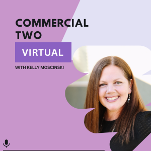Commercial Two virtual workshop promotional graphic featuring Kelly Moscinski on purple background