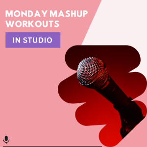 Promotional graphic for Monday Mashup In Studio, featuring a close-up of a Shure microphone against a red and pink background with abstract blob shapes.