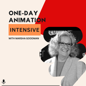 One-Day Animation Intensive workshop promotional graphic featuring Marsha Goodman on beige and red background